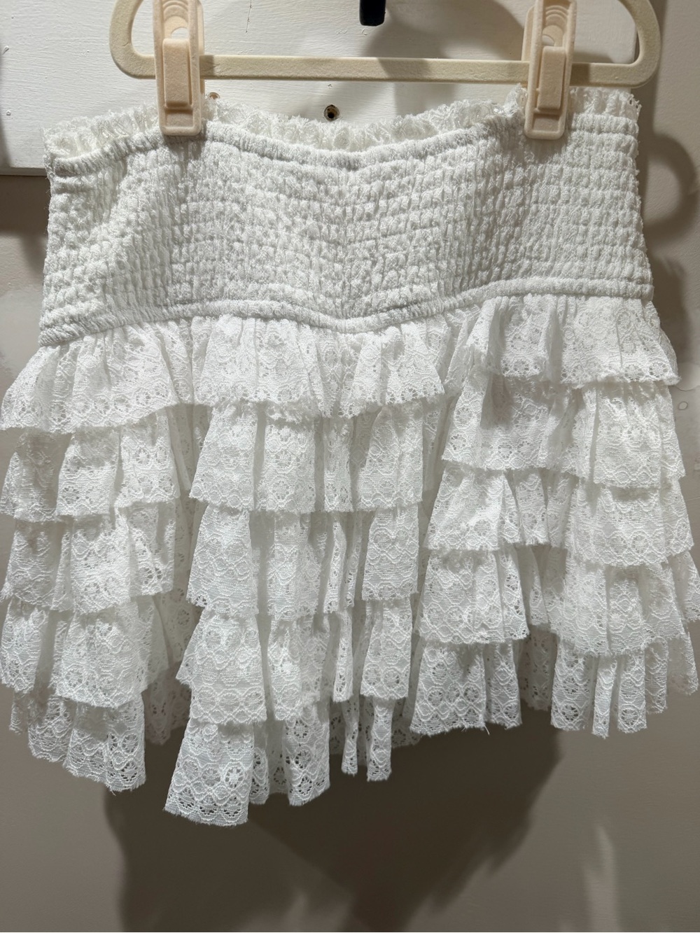 American Eagle Outfitters White Lace Tiered Mini Skirt with shorts under.